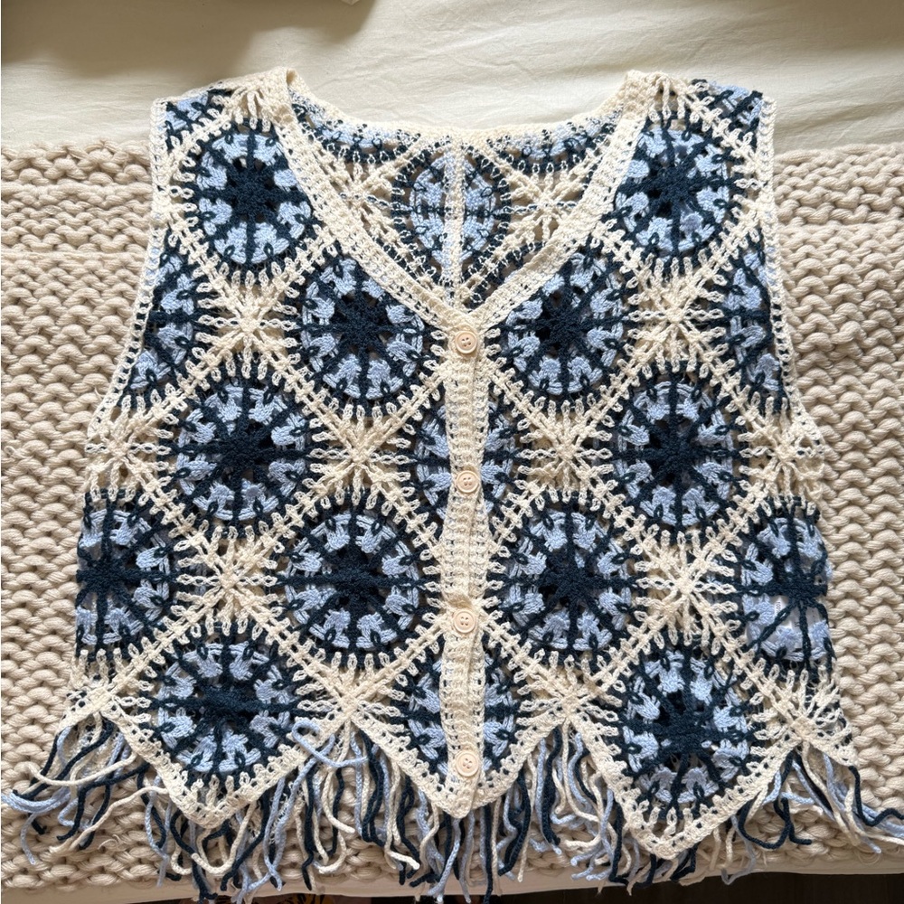 Women’s Boho Crochet Cropped Blue and White Fringe festival Vest Size M